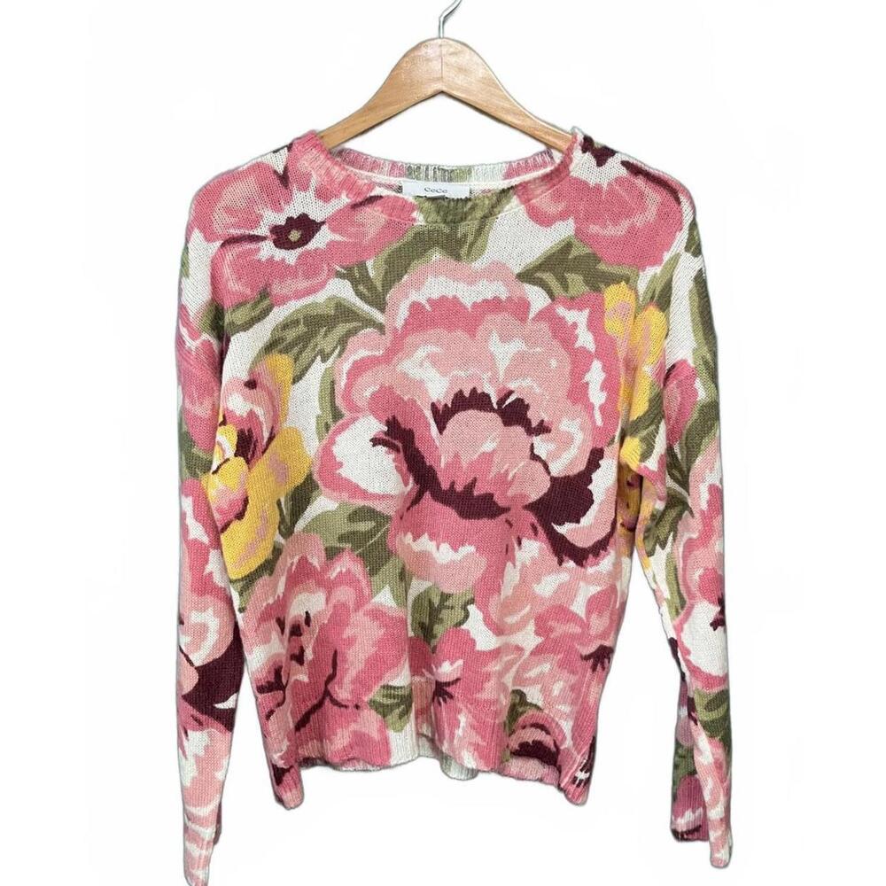 CeCe Pink Floral Scoop Neck Sweater with Yellow & Green Accents